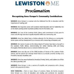 Lewiston Maine Proclamation Recognizing Anne Kemper's Community Contributions, see above link for full text