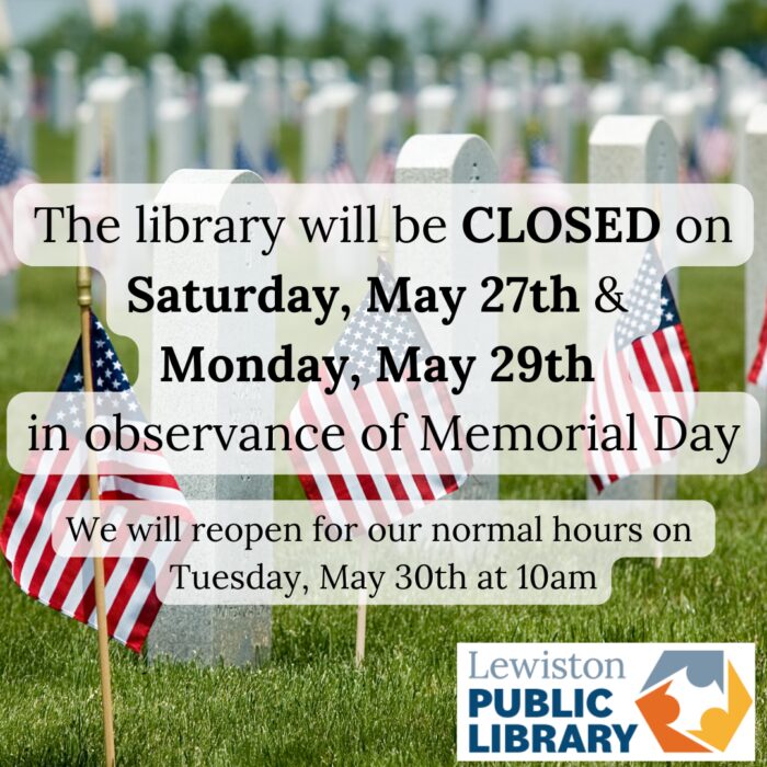 Graphic for library closure May 27th and May 29th