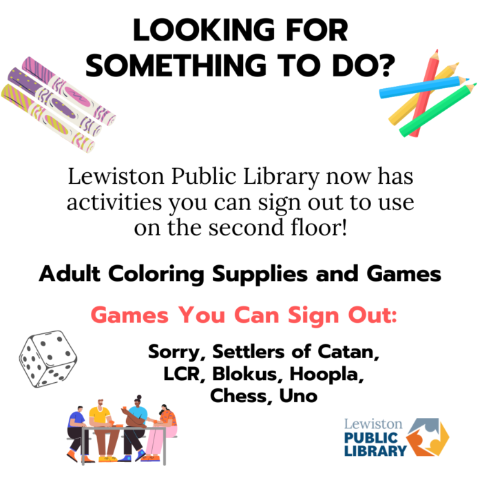 Graphic promoting adult coloring supplies and games at LPL