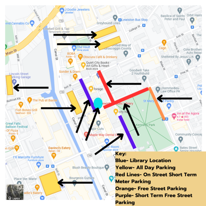 Map of downtown Lewiston showing Library location and parking locations