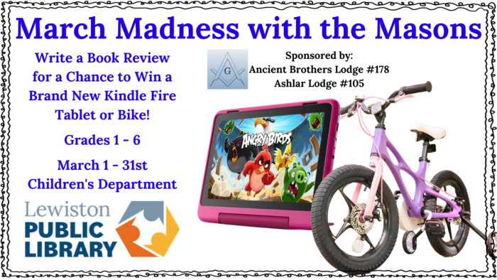 Graphic for Library program "March Madness with the Masons," photo of a pink bicycle with training wheels beside a Kindle Fire Tablet with the Angry Birds game displayed on the screen; links to media file.