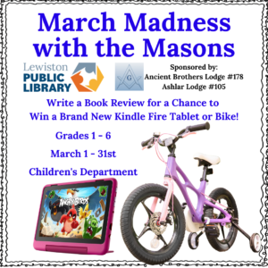 Graphic for Library program "March Madness with the Masons," photo of a pink bicycle with training wheels beside a Kindle Fire Tablet with the Angry Birds game displayed on the screen.