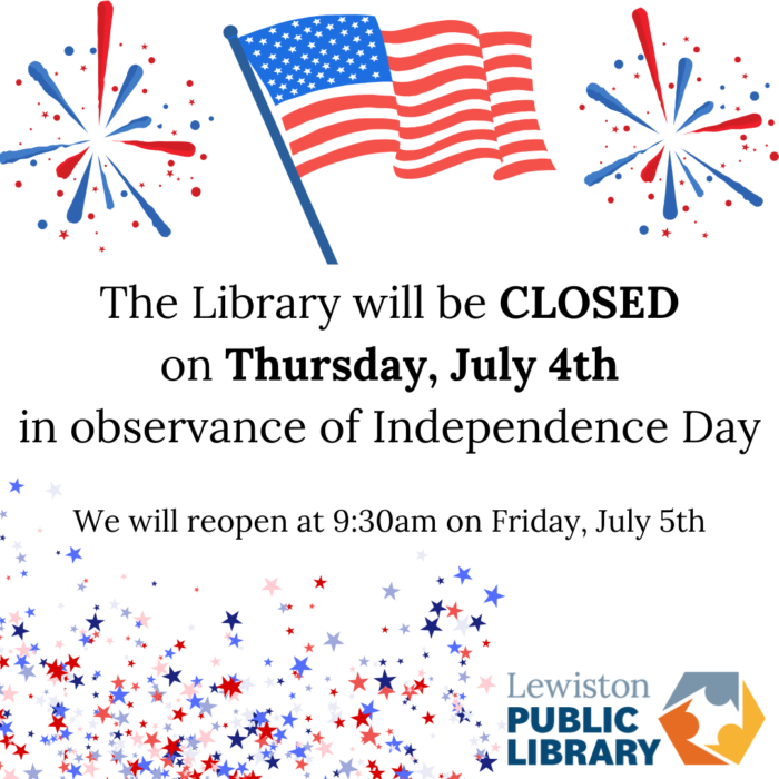Graphic for library closure on July 4th, an American flag surrounded by fireworks and colored stars, links to media file