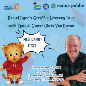 Graphic of Daniel Tiger's Literacy Tour with Chris Van Dusen program.