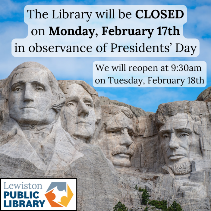 Photograph of Mount Rushmore, Lewiston Public Library logo in the bottom-left corner