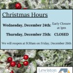 Graphic: A textbox with the Library's holiday hours for Christmas sits atop a photo of ice-frosted holly leaves and berries. Library logo in the bottom right. Links to media file.
