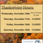 Graphic: A text box that lists the Library's Thanksgiving hours is in front of a photo of a forest with trees. The leaves are all changing and have turned orange and red. Library logo in the bottom right. Links to media file.