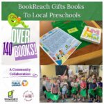 Two photos alongside decorative text. Photo 1: an informative flyer about the BookReach program on a table alongside a board book. Photo 2: Nicole, the BookReach coordinator for LPL, stands with a group of smiling preschoolers all holding bags of donated books. Links to media file.