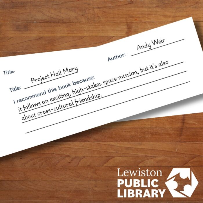 example graphic for how to fill out a recommendation bookmark, including title, author, and a brief description of why the book is recommended